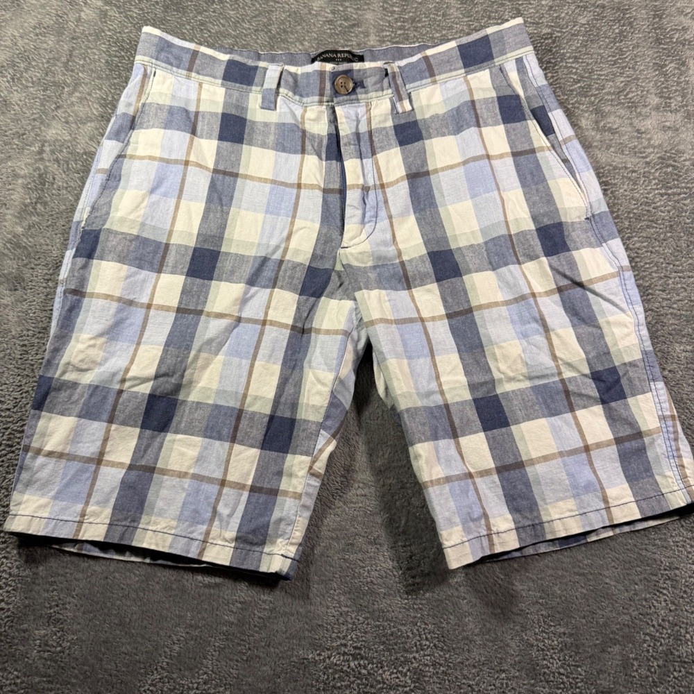 Banana Republic Aiden Short Mens 31 Blue White Plaid Cotton Flat Front Shorts